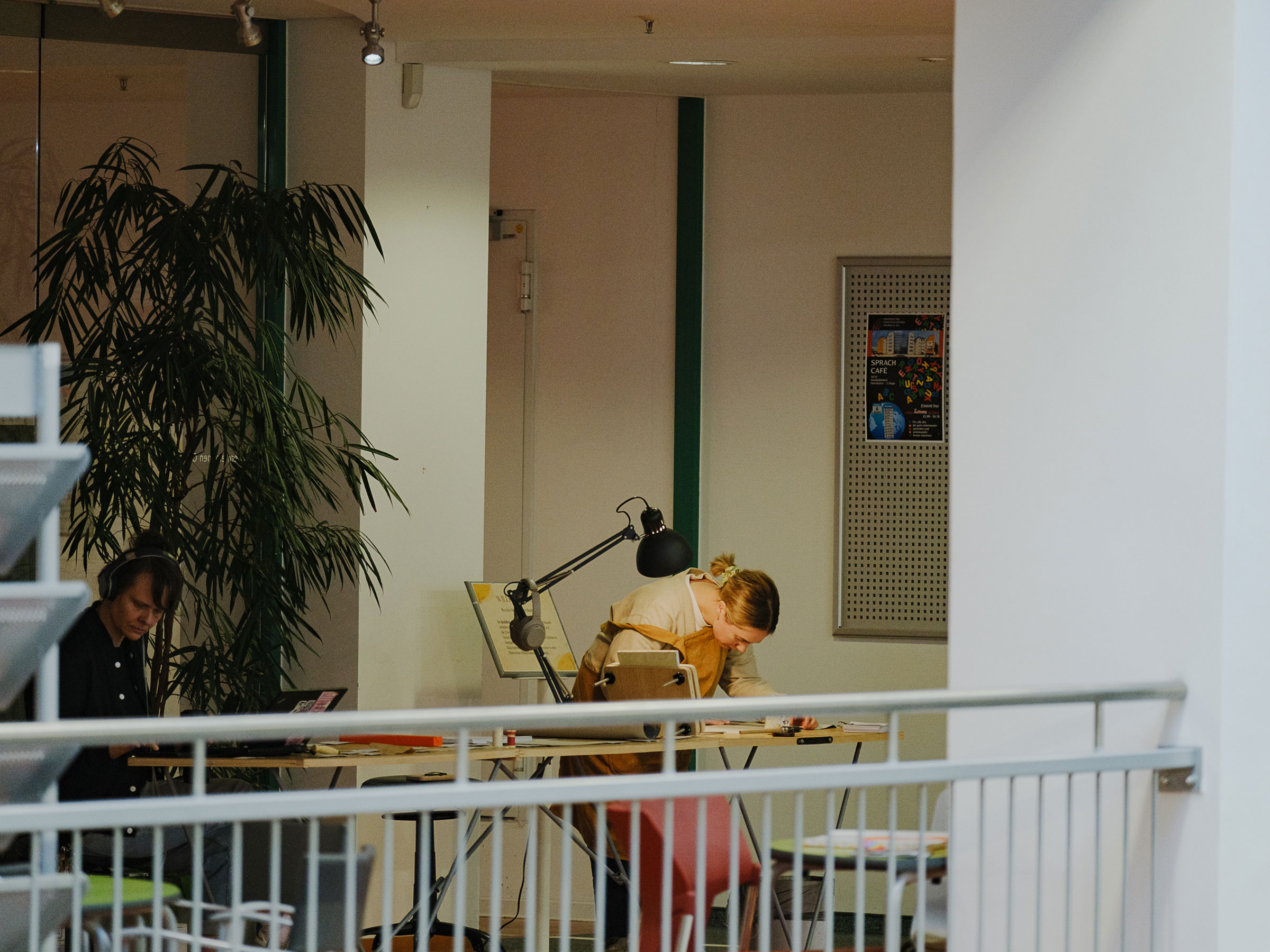 Kate Daley and Gabi Reinhardt at work in Chemnitz library as part of Building of spines