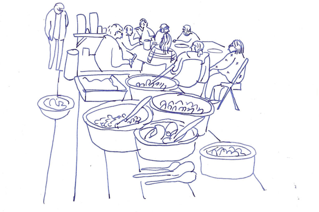 A sketch of lunch with people in the background