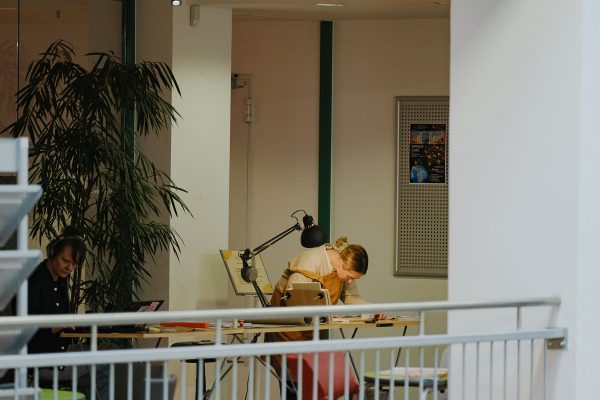 Kate Daley and Gabi Reinhardt at work in Chemnitz library as part of Building of spines