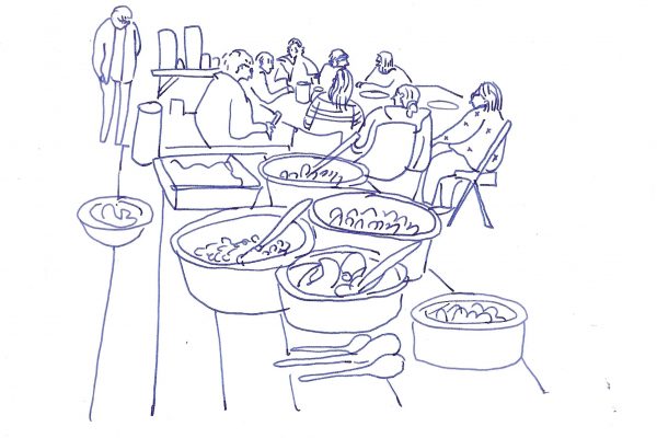 A sketch of lunch with people in the background